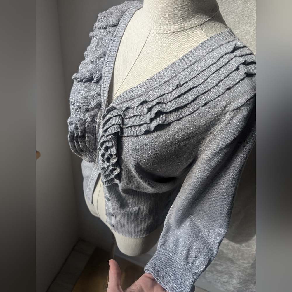 Worthington Shimmering Silver Grey Button Down Sweater Blouse Ruffles Nwot